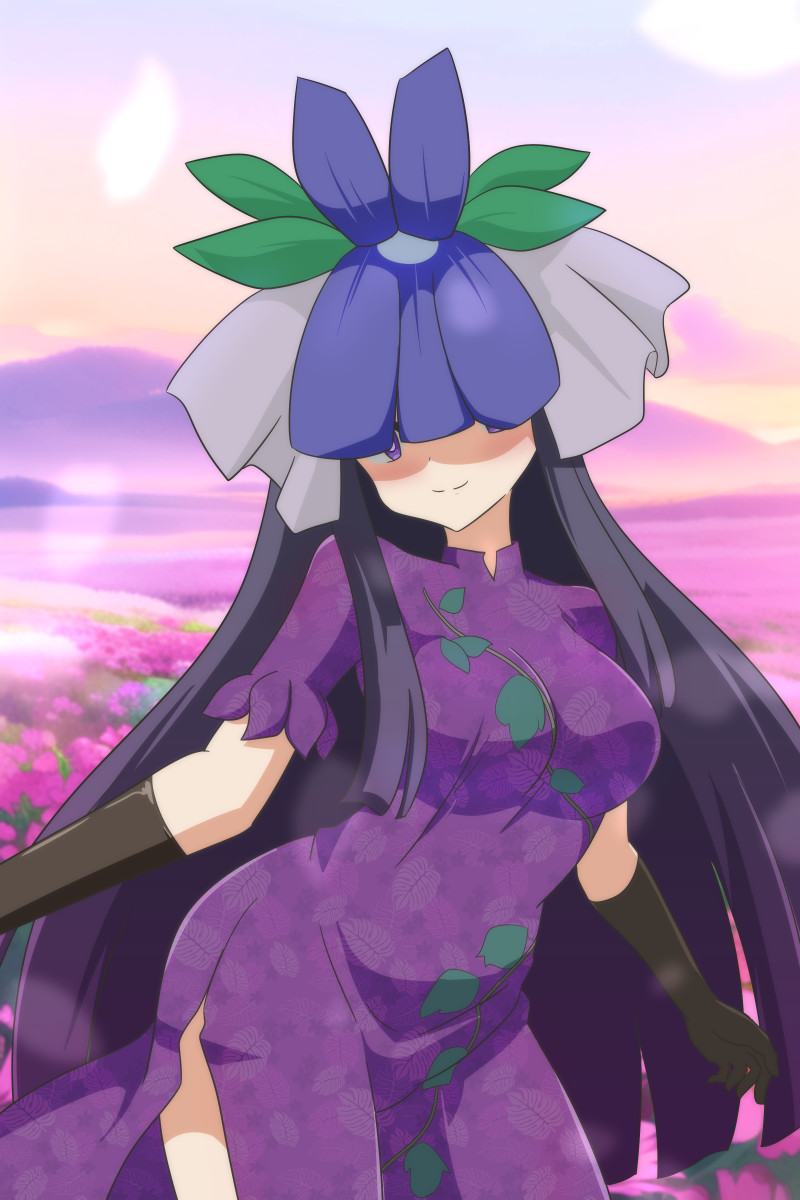 1girl black_gloves black_hair blurry blurry_background blush breasts cato_(monocatienus) china_dress chinese_clothes covered_eyes cowboy_shot dress elbow_gloves flower flower_on_head gloves highres large_breasts long_hair mountainous_horizon outstretched_arms purple_dress purple_flower side_slit sidelocks sky smile touhou very_long_hair vine_print violet_eyes yomotsu_hisami