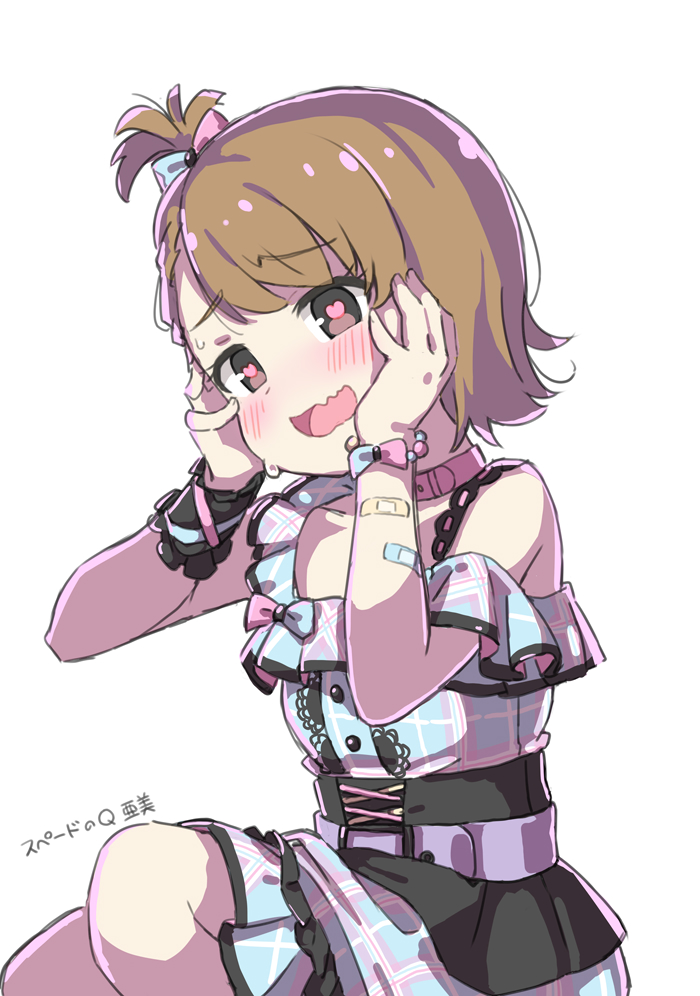 asymmetrical_clothes bandaid bandaid_on_arm bare_shoulders belt black_corset black_wristband bow bracelet breasts brown_eyes brown_hair collarbone corset detached_sleeves dot_nose dress frilled_dress frills futami_ami hair_bow hair_ribbon hands_on_own_face hands_up heart heart_in_eye idolmaster idolmaster_(classic) idolmaster_million_live! idolmaster_million_live!_theater_days jewelry kuresuku_(lessons) looking_at_viewer open_mouth pink_sleeves purple_belt ribbon short_hair side_ponytail simple_background single_detached_sleeve sitting small_breasts smile sweat symbol_in_eye two-tone_dress two-tone_ribbon wavy_mouth white_background yandere