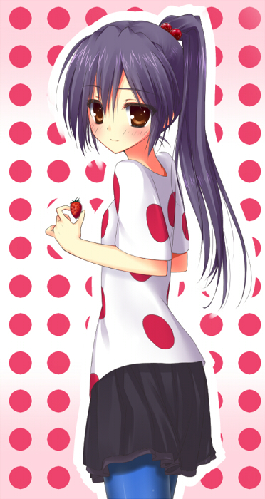 bad_id black_hair blue_legwear brown_eyes food fruit hair_bobbles hair_ornament holding holding_fruit k-on! kepon listen!! long_hair looking_back nakano_azusa pantyhose polka_dot side_ponytail solo strawberry