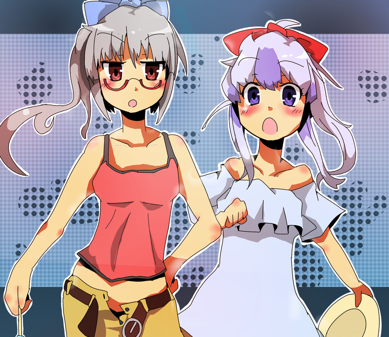 adomi alternate_costume alternate_hairstyle bad_id bespectacled casual contemporary fujiwara_no_mokou glasses kamishirasawa_keine multiple_girls ponytail touhou