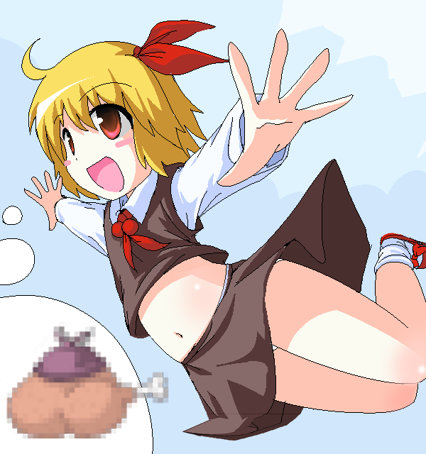 ahoge blonde_hair brown_eyes censored chicken chicken_(food) des food hair_ribbon hat imagining midriff mystia_lorelei navel oekaki open_mouth outstretched_arms panties ribbon rumia short_hair skirt solo spread_arms touhou underwear