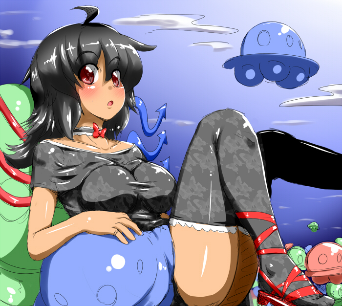 black_hair black_legwear black_thighhighs choker dark_skin dress houjuu_nue red_eyes short_hair sketch solo suetsuki suetsuki_nagomu thigh-highs thighhighs touhou ufo wings