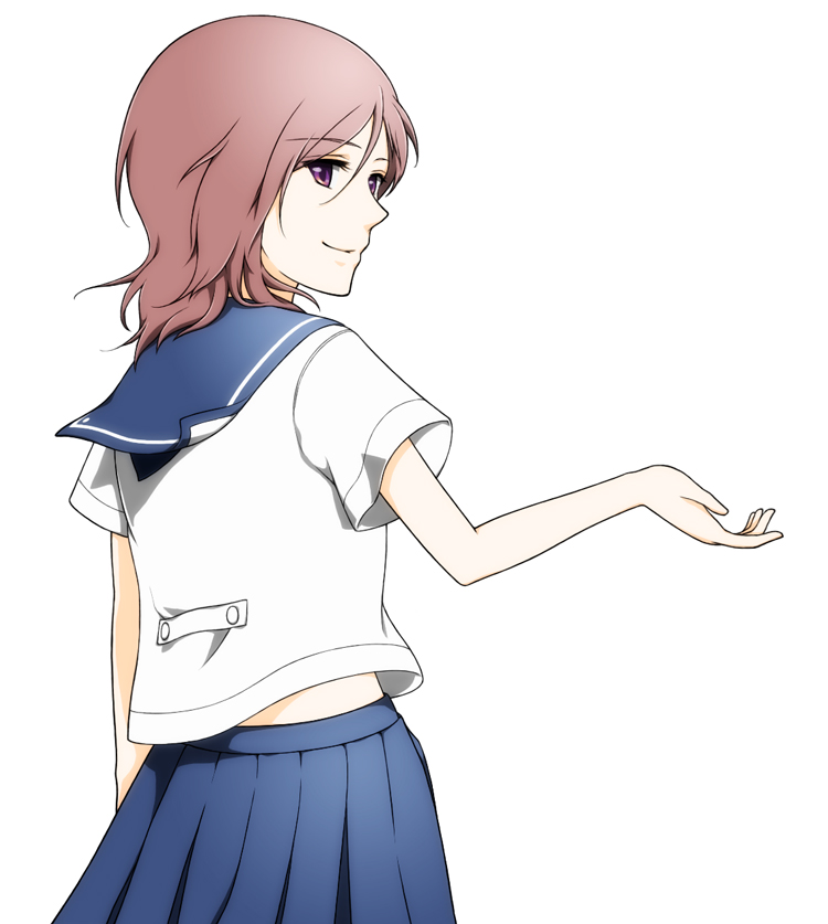 outstretched_hand pink_hair purple_eyes saki school_uniform serafuku short_hair shoushu simple_background smile takei_hisa