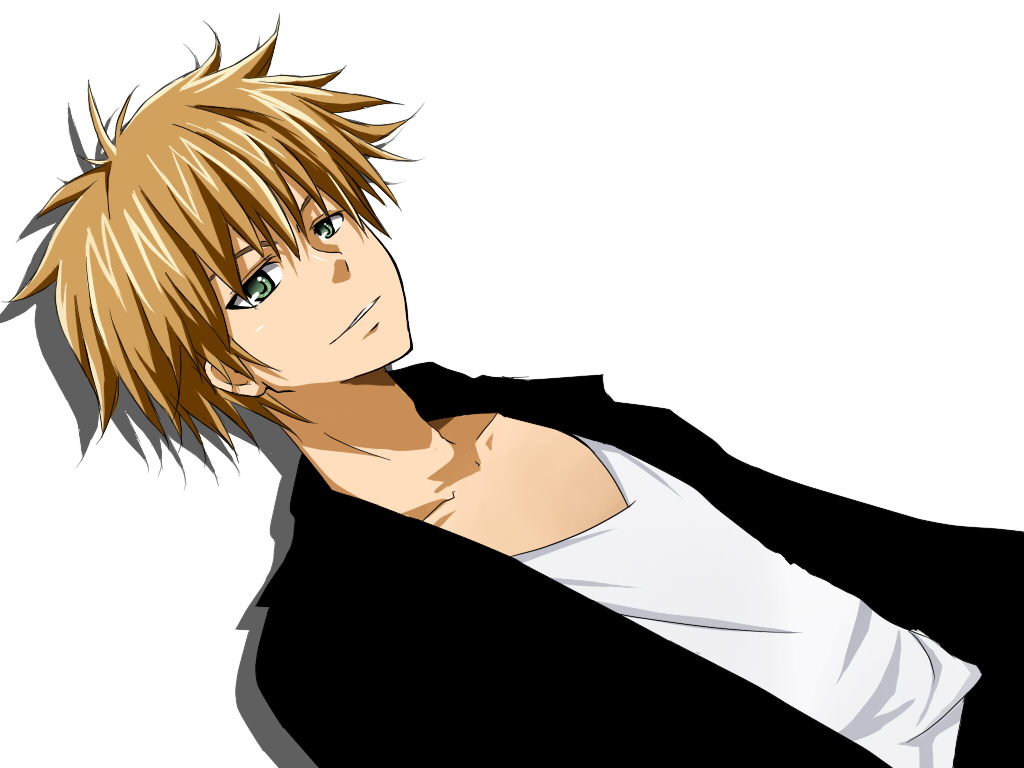 blonde_hair casual green_eyes highres jacket kaichou_wa_maid_sama short_hair simple_background smile solo takumi_usui usui_takumi