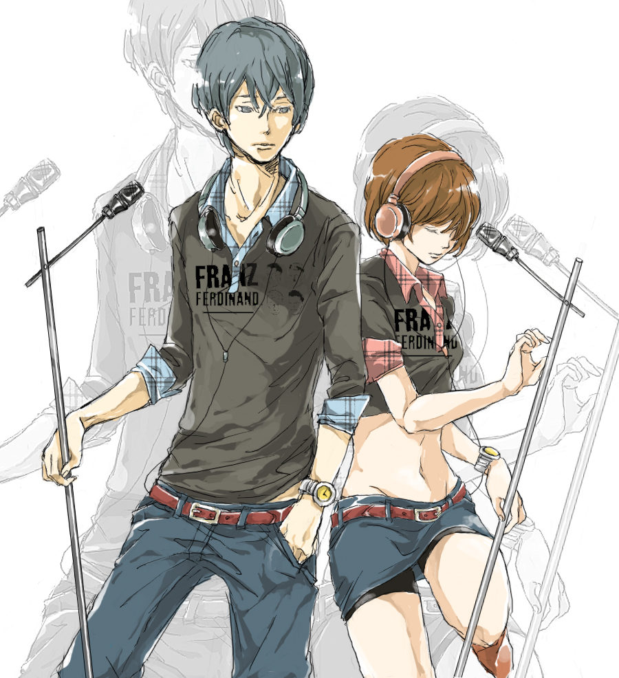 1girl blue_hair brown_hair casual couple kaito meiko microphone pants short_hair skirt sleeves_rolled_up vocaloid yuzuko