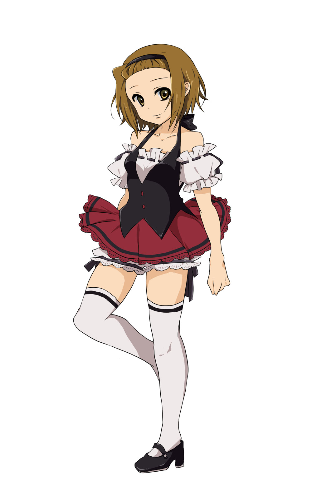 bare_shoulders brown_eyes brown_hair dress hairband highres k-on! legs pantarou short_hair skirt solo tainaka_ritsu thigh-highs thighhighs zettai_ryouiki