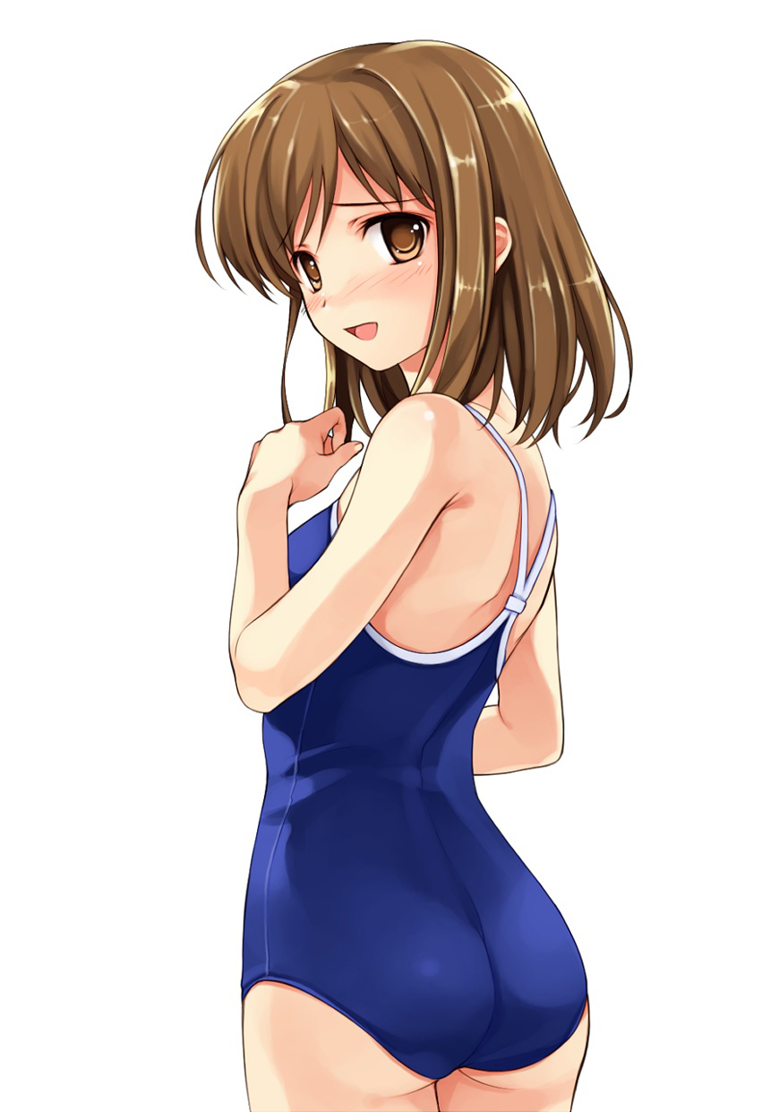 ass back blush brown_eyes brown_hair from_behind highres looking_back misaki_kurehito nervous one-piece_swimsuit open_mouth school_swimsuit simple_background smile suiheisen_made_nan_mile? swimsuit tsuyazaki_kokage