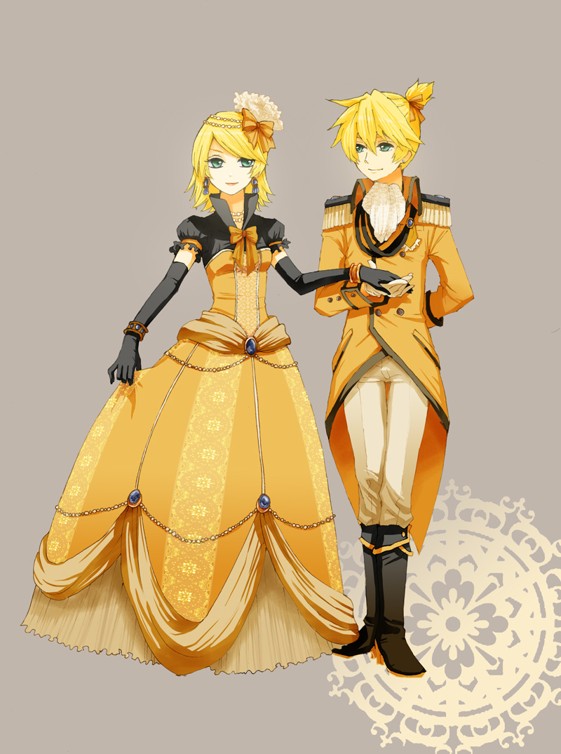 aku_no_musume_(vocaloid) blonde_hair bow dress earrings elbow_gloves formal gloves gown green_eyes hair_bow hair_ornament holding_hands irono_yoita jewelry kagamine_len kagamine_rin necklace siblings twins tyanpon vocaloid