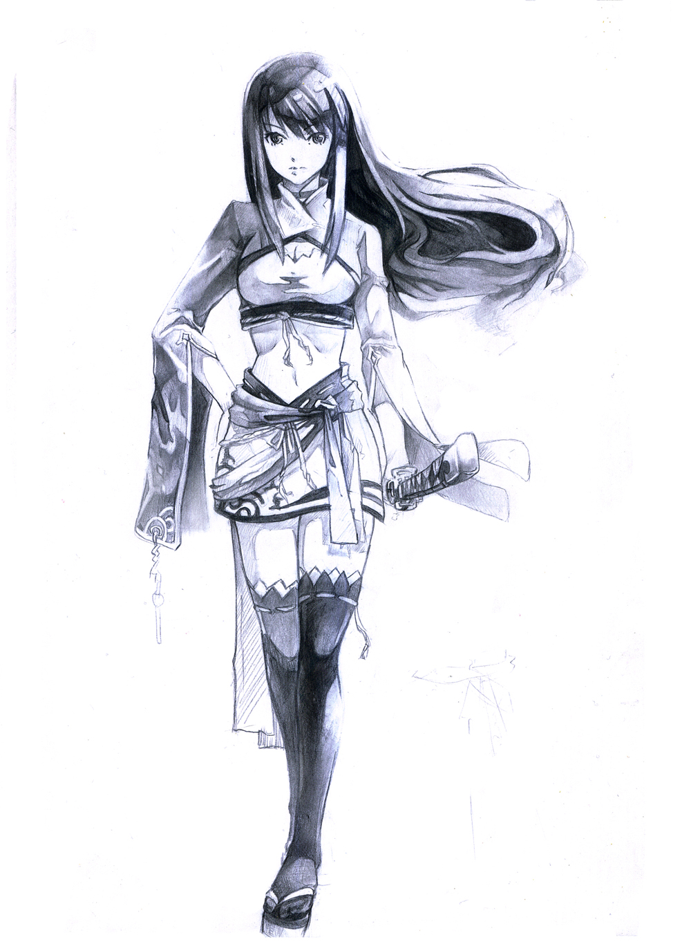 kamisakai long_hair midriff monochrome navel original sandals sketch solo sword thigh-highs thighhighs weapon