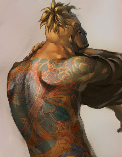 full_body_tattoo gyuuniku male manly marco one_piece realistic shirtless solo tattoo undressing