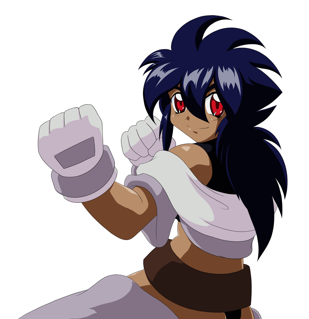 1girl blue_eyes character_request copyright_request female fist gloves hyoumaru red_eyes smile solo spiky_hair white_background