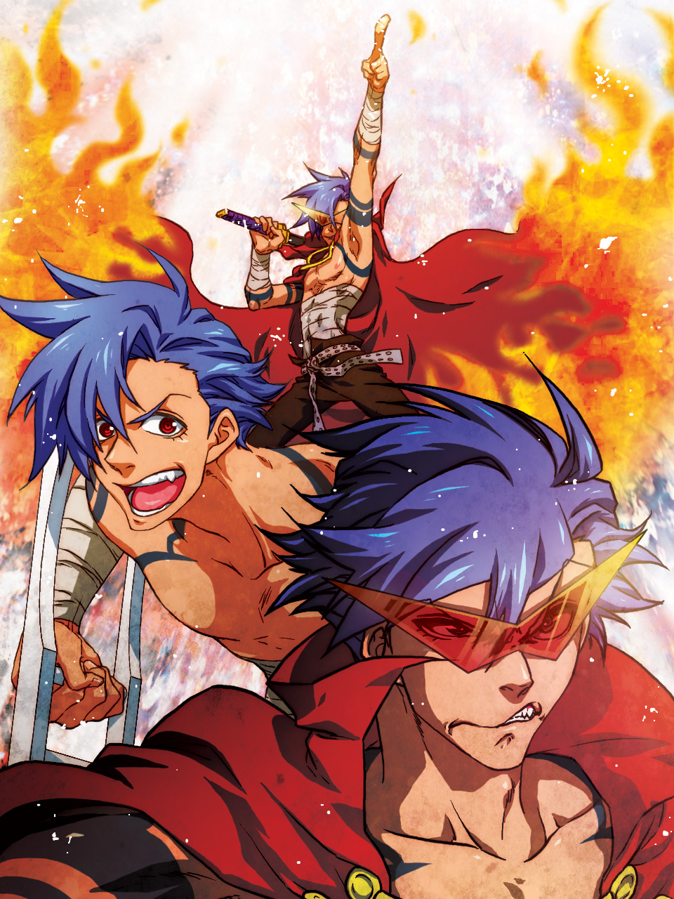 angry bandages cape fire highres kamina kuroko_(sunege) male pointing pose shirtless solo sunglasses sword tengen_toppa_gurren_lagann weapon