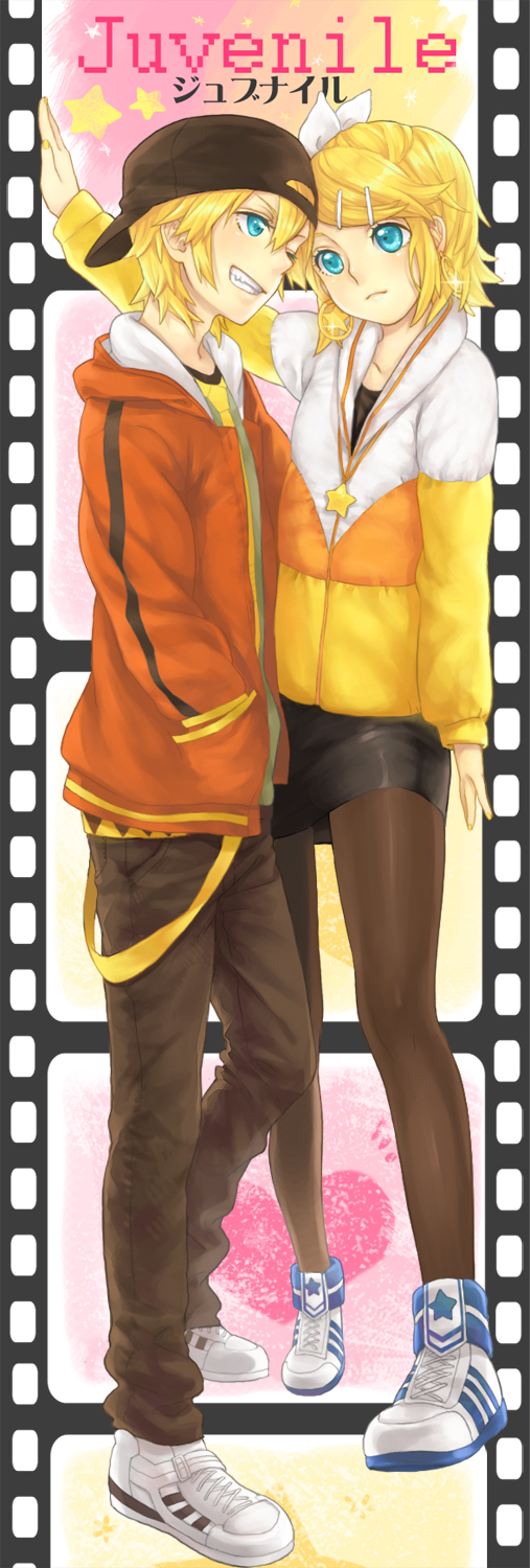 bad_id baseball_cap blonde_hair blue_eyes casual earrings film_strip formalin grin hair_ornament hairclip hand_in_pocket hat highres jewelry juvenile_(vocaloid) kagamine_len kagamine_rin long_image nail_polish pantyhose shoes short_hair siblings skirt smile sneakers tall_image twins vocaloid wink