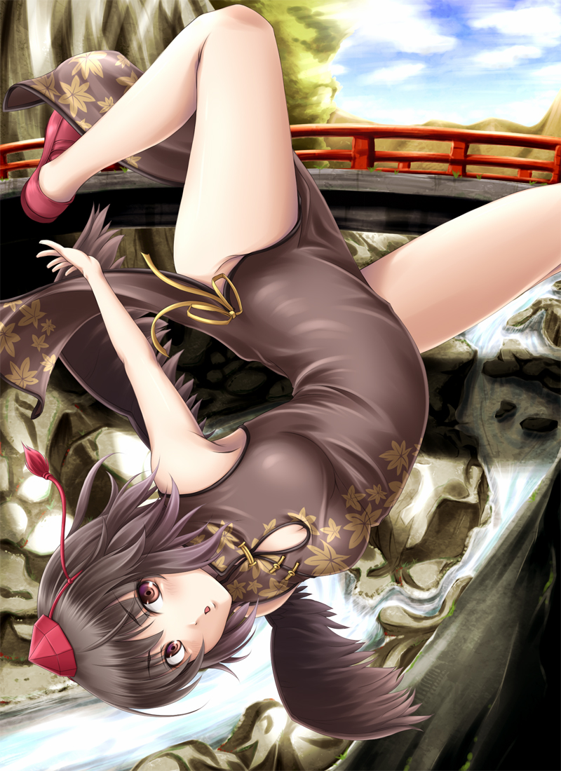 :o black_hair black_wings bridge china_dress chinese_clothes hat mochi.f no_socks open_mouth outstretched_arms red_eyes shameimaru_aya short_hair solo spread_arms stream tokin_hat touhou upside-down wings