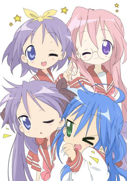 4girls blue_eyes blue_hair core_(mayomayo) glasses green_eyes hiiragi_kagami hiiragi_tsukasa izumi_konata long_hair lucky_star multiple_girls pink_hair purple_eyes purple_hair school_uniform serafuku short_hair takara_miyuki twintails violet_eyes wink