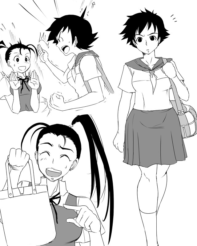 capcom makoto monochrome ponytail school_uniform serafuku short_hair street_fighter suta_furachina