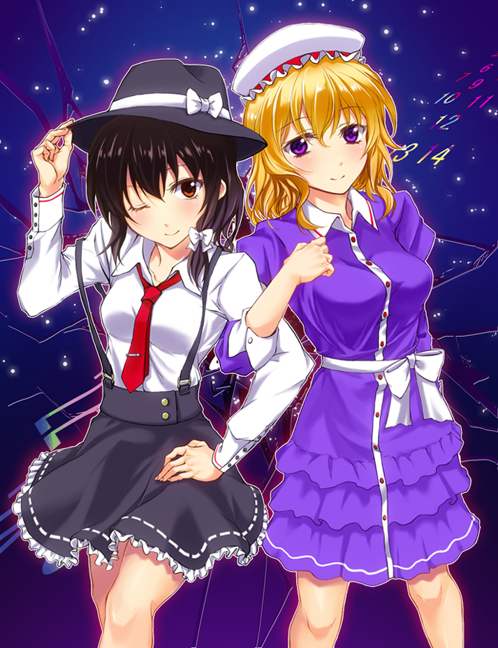 blonde_hair brown_hair friends hand_on_hip hat hat_tip knees maribel_hearn multiple_girls necktie short_hair skirt touhou tsujigiri usami_renko wink