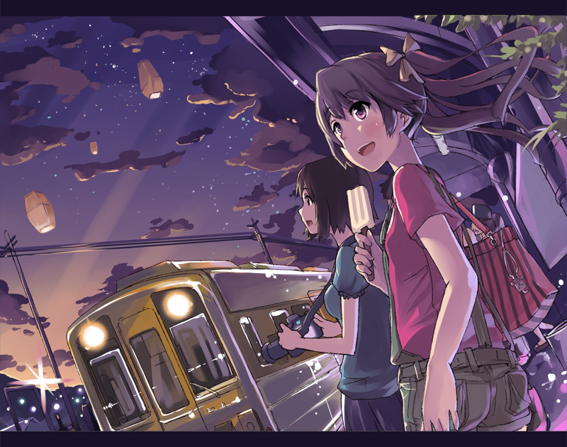 bad_id bag brown_eyes brown_hair camera chanchan lights long_hair multiple_girls open_mouth original ponytail popsicle slr star star_(sky) striped sunset suspenders train train_station