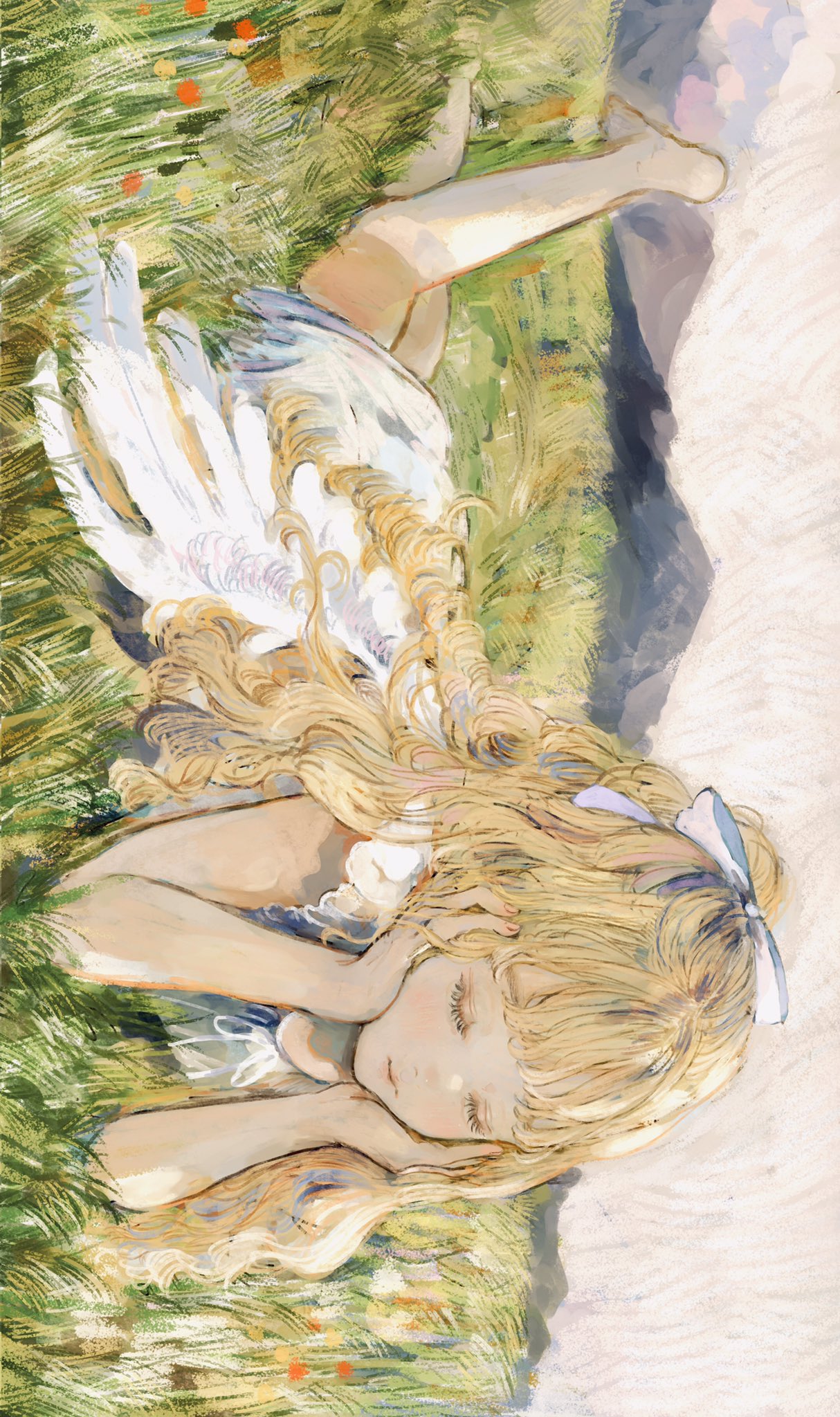 1girl angel_wings barefoot blonde_hair blush closed_eyes commentary_request dress expressionless grass hair_ribbon highres leg_up long_hair lying mountainous_horizon nature on_stomach orie_h original outdoors ribbon sketch solo white_dress white_ribbon white_wings wings