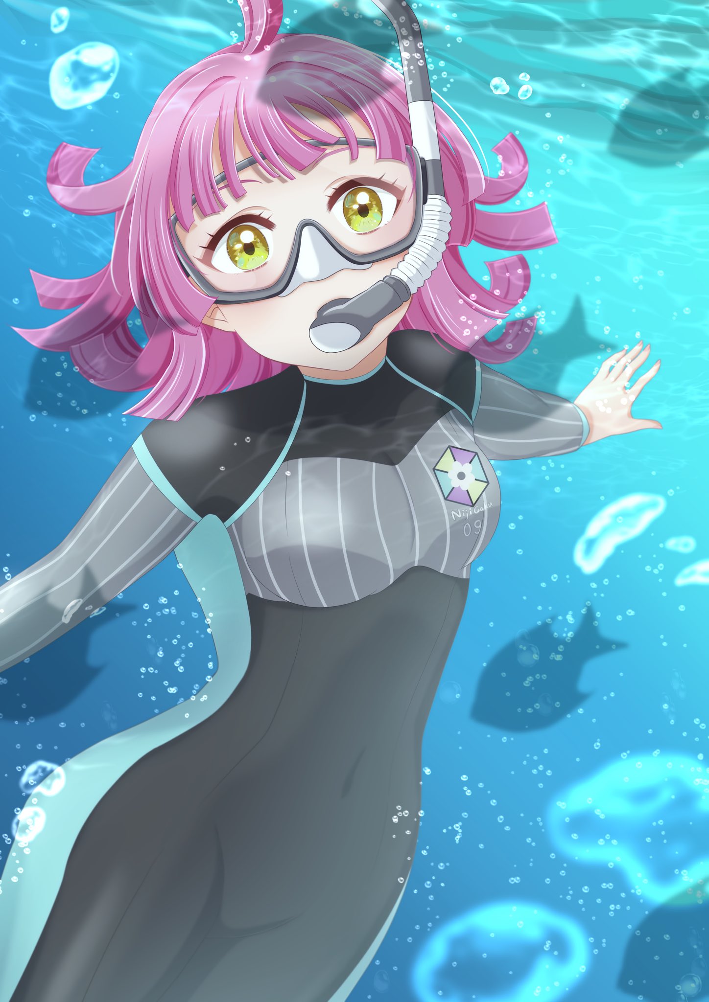1girl ahoge air_bubble black_wetsuit blunt_bangs bodysuit breasts bubble commentary_request covered_navel diving_suit fish highres long_sleeves looking_at_viewer love_live! love_live!_nijigasaki_high_school_idol_club ocean pink_hair pukonuu short_hair sidelocks small_breasts snorkel_in_mouth snorkel_mask solo tennouji_rina thighs underwater wetsuit yellow_eyes
