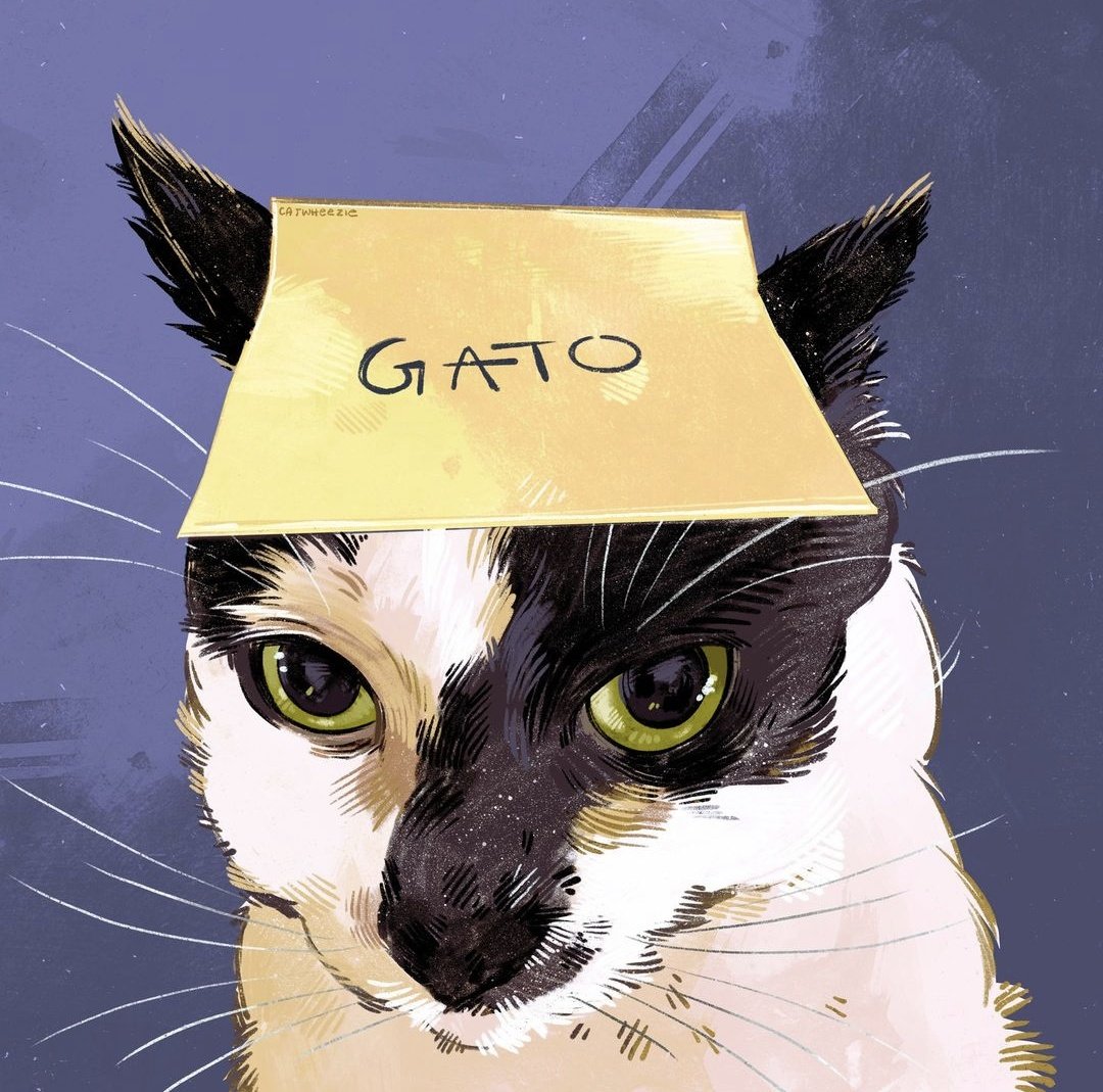 animal_focus artist_name cat catwheezie commentary english_commentary green_eyes no_humans original portrait portuguese_text purple_background realistic simoun sticky_note translated