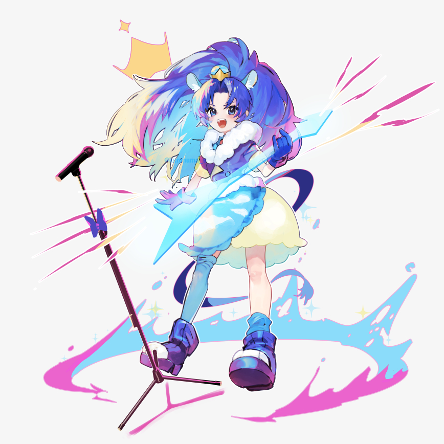 1girl animal_ears blue_eyes blue_footwear blue_gloves blue_hair blue_jacket blush boots bubble_skirt cure_gelato full_body gloves holding holding_plectrum jacket kirakira_precure_a_la_mode kuronuma_s long_hair microphone microphone_stand open_mouth plectrum precure short_sleeves simple_background single_thighhigh skirt smile solo tail tategami_aoi thigh-highs twitter_username watermark white_background yellow_skirt