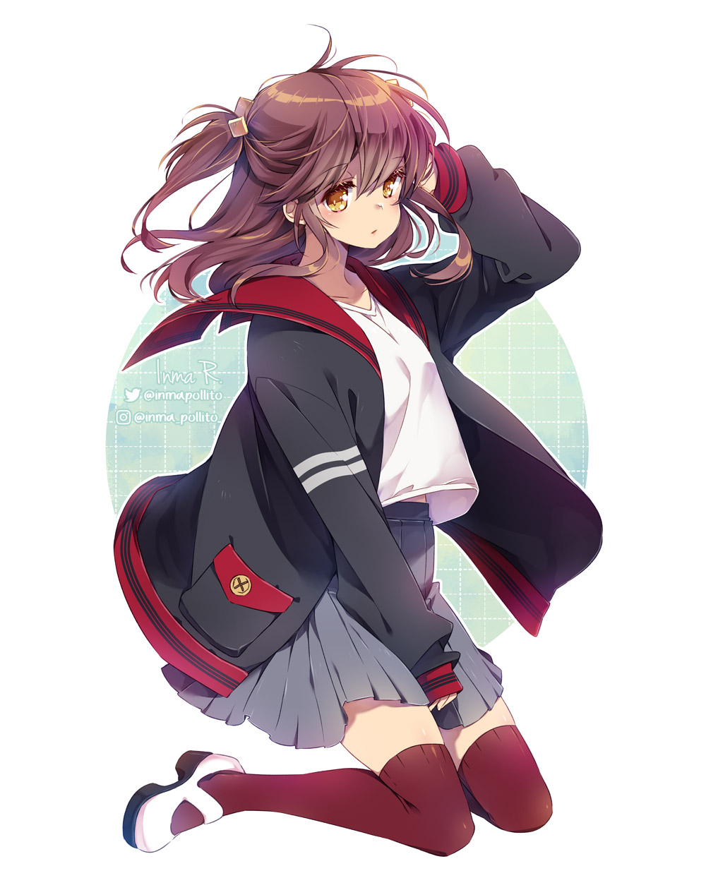 1girl brown_hair buttons clip_studio_paint_(medium) hair_ornament half-closed_eyes highres how_to inma jacket jumping light_frown open_clothes open_jacket pleated_skirt sailor_collar skirt thigh-highs wind yellow_eyes