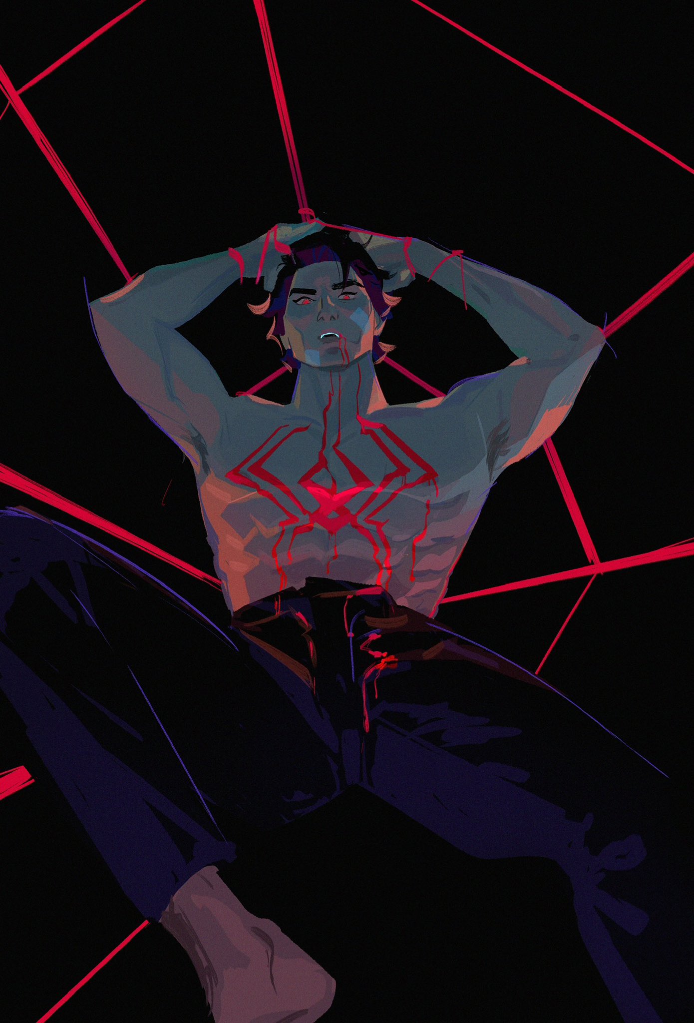 1boy armpit_hair arms_behind_head arms_up barefoot black_hair blood blood_in_mouth blood_on_chest blood_on_clothes blue_hair bound fangs glowing glowing_eyes highres marion_bordeyne marvel miguel_o'hara pants red_eyes silk solo spider-man:_across_the_spider-verse spider-man_(series) spider-verse spider_web spread_legs tied_up_(nonsexual) topless_male