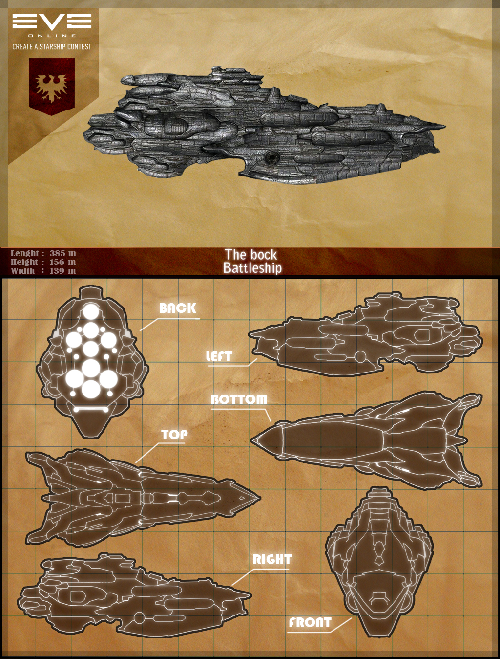 3d brown_theme commentary concept_art copyright_name cruiser_(eve_online) english_text eve_online from_side gallente_federation_(eve_online) highres logo military_vehicle mirage876 multiple_views no_humans original reference_sheet science_fiction spacecraft thrusters vehicle_focus