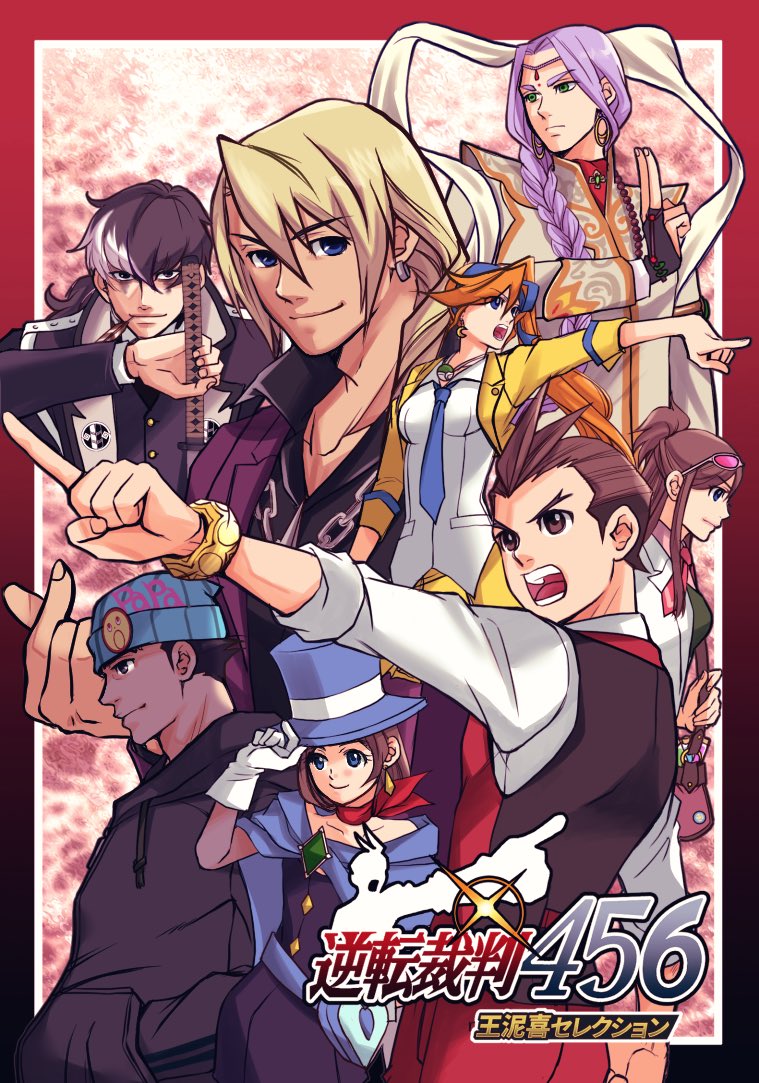 3girls 5boys ace_attorney apollo_justice athena_cykes bag beanie black_bridal_gauntlets black_coat black_dress black_eyes black_hair black_shirt blonde_hair blue_cape blue_eyes blue_headwear blue_necktie blue_ribbon bracelet braid brown_eyes brown_hair brown_vest buttons cape chain_necklace circlet closed_mouth coat collared_shirt crescent crescent_earrings cropped_jacket drawstring dress earrings ema_skye facial_mark feather_in_mouth finger_heart fingernails forehead_mark forked_eyebrows from_behind gem gloves green_eyes green_gemstone grey_hoodie hagoromo hair_between_eyes hair_ribbon half_updo hand_in_pocket hand_up hat holding holding_sword holding_weapon hood hood_down hoodie jacket jewelry klavier_gavin kuji-in lapel_pin lapels long_hair long_sleeves looking_at_viewer low_ponytail multicolored_hair multiple_boys multiple_girls nahyuta_sahdmadhi neckerchief necklace necktie open_collar open_mouth orange_hair pants phoenix_wright pink-tinted_eyewear pink_neckerchief pink_shirt pocket pointing popped_collar print_headwear profile purple_hair purple_jacket ragi_(od6fine) red_pants red_scarf red_vest ribbon scarf serious shawl shirt short_dress short_hair shoulder_bag sidelocks simon_blackquill single_braid sleeve_cuffs sleeves_rolled_up smile spiky_hair strapless strapless_dress swept_bangs sword teeth text_print thick_eyebrows tinted_eyewear top_hat trucy_wright two-tone_hair two-tone_vest untucked_shirt v-shaped_eyebrows vest vial weapon white-framed_eyewear white_coat white_gloves white_hair white_shawl white_shirt yellow_jacket