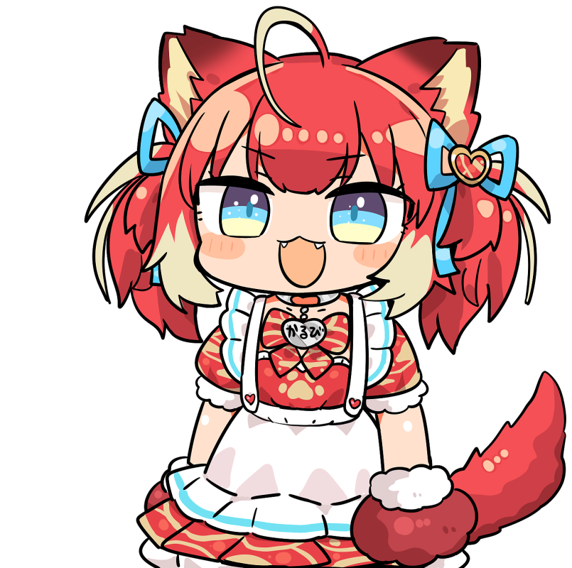 1girl :3 akami_karubi animal_ears animal_hands apron blonde_hair blue_eyes blush_stickers cat_ears cat_tail collar fangs frilled_apron frills gloves indie_virtual_youtuber kanikama maid_apron multicolored_eyes multicolored_hair open_mouth paw_gloves redhead smile solo streaked_hair tail twintails two-tone_hair virtual_youtuber yellow_eyes