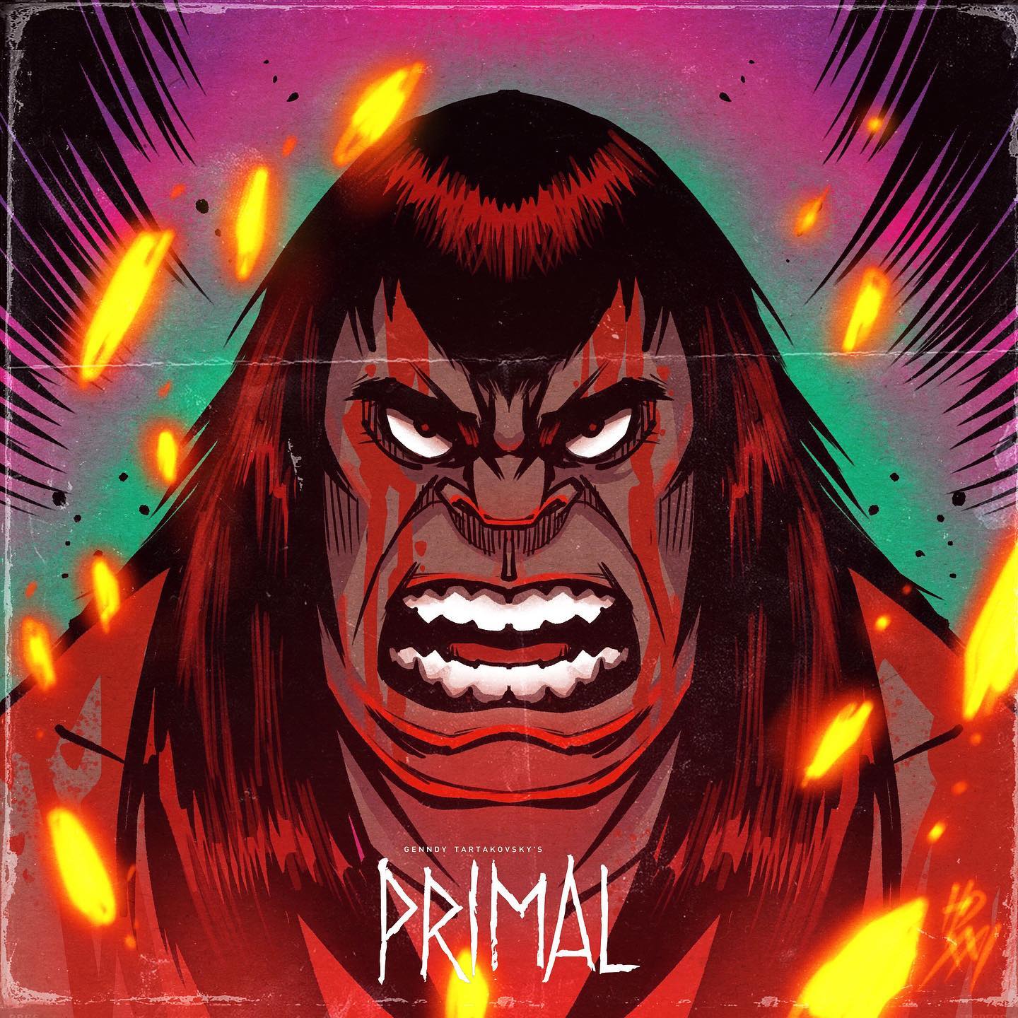 1boy angry black_hair blood blood_on_body blood_on_face caveman close-up copyright_name embers feet_out_of_frame genndy_tartakovsky's_primal highres human_defect long_hair looking_at_viewer open_mouth spear_(primal) teeth title title_page topless_male