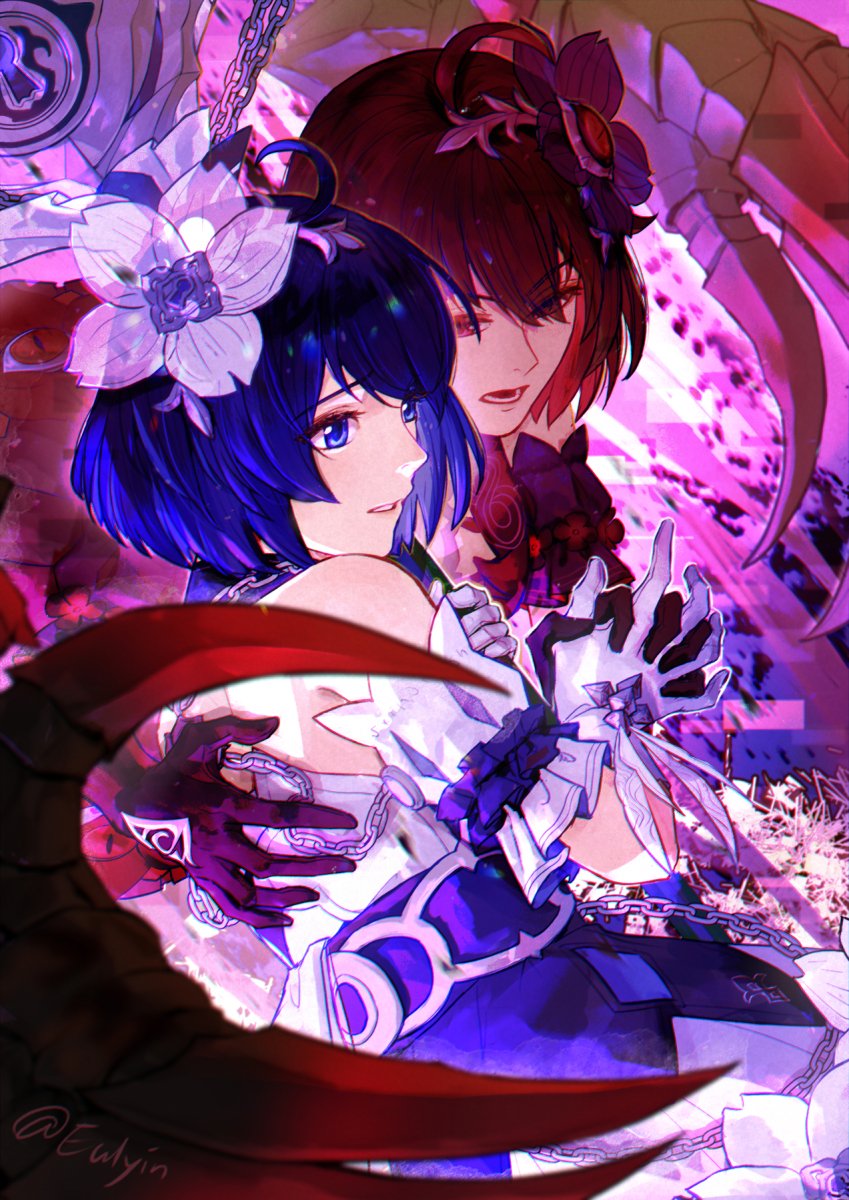 2girls ahoge bare_shoulders black_gloves black_headwear blue_eyes blue_hair chain claws detached_sleeves dress english_commentary eulyin_huan flower gloves hair_flower hair_ornament hand_on_another's_back highres honkai_(series) honkai_impact_3rd interlocked_fingers lower_teeth_only multiple_girls open_mouth red_eyes redhead seele_(alter_ego) seele_vollerei seele_vollerei_(stygian_nymph) short_hair smile teeth upper_body white_dress white_flower white_headwear