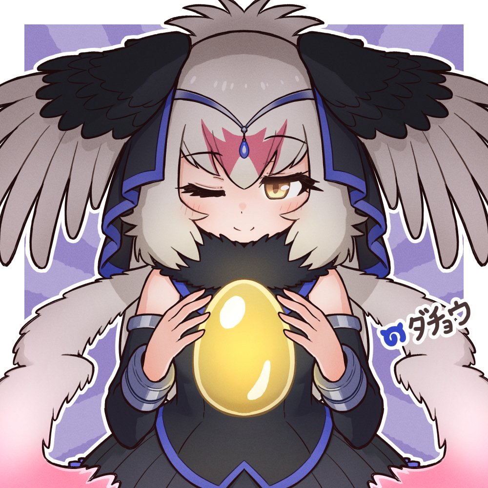 1girl bare_shoulders bird_girl bird_wings blurry blurry_background da_(bobafett) dress egg feathered_wings grey_hair hair_ornament head_wings kemono_friends long_hair looking_at_viewer one_eye_closed ostrich_(kemono_friends) scarf simple_background solo upper_body wings yellow_eyes