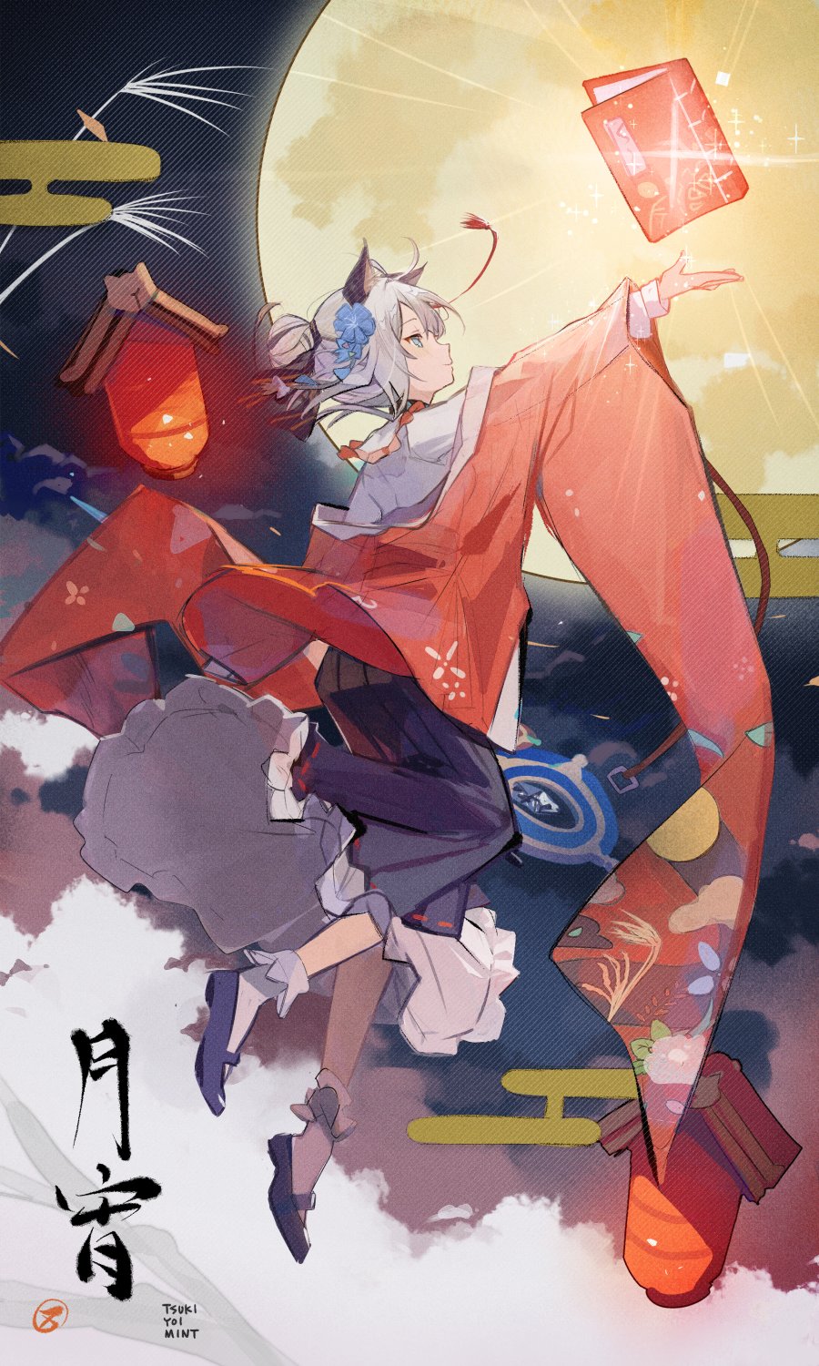 1girl animal_ears arknights black_footwear blue_eyes blue_flower book chinese_text closed_mouth clouds floating flower fox_ears from_side full_body full_moon grey_hair hair_bun hair_flower hair_ornament highres japanese_clothes kimono lantern long_sleeves mint_(arknights) mint_(tsukiyoi)_(arknights) moon night nuudoru outstretched_arm paper_lantern single_hair_bun skirt sky smile socks solo wide_sleeves