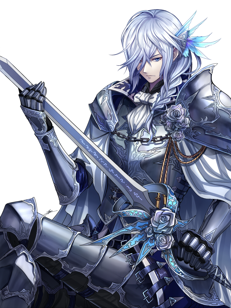 1boy aiguillette armor ascot black_armor black_pants blue_eyes blue_jacket braid cape chain closed_mouth corsage crossed_legs cuirass cuisses faulds feather_hair_ornament feathers feet_out_of_frame flower gauntlets grey_flower grey_hair grey_rose hair_ornament hair_over_one_eye hair_over_shoulder hair_tubes high_collar holding holding_sword holding_weapon jacket knight looking_at_viewer medium_hair original pants poleyn rose serious shoulder_armor simple_background single_braid sitting sword tenyo0819 weapon white_ascot white_background white_cape