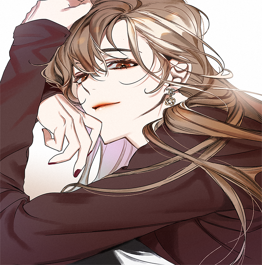1girl brown_eyes brown_nails brown_shirt close-up earrings hand_on_own_head hinizana jewelry korean_commentary light_brown_hair long_hair long_sleeves looking_at_viewer omniscient_reader's_viewpoint shirt simple_background smile solo white_background yoo_sangah