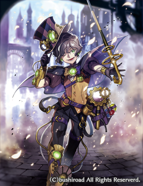 1boy ;d arm_guards belt belt_pouch black_cape black_gloves black_pants blue_headwear blurry blurry_background boots bow bowtie brown_footwear brown_vest building cable cane cape cardfight!!_vanguard center_frills city copyright cross-laced_footwear ear_protection falling_petals feet_out_of_frame frills gears gem gloves glowing goggles goggles_on_headwear green_eyes green_gemstone grey_hair hair_between_eyes hat hat_tip holding holding_cane holding_clothes holding_hat juliet_sleeves kaworu_(kaw_lov) lace-up_boots light_particles long_sleeves looking_at_viewer male_focus o-ring o-ring_belt official_art one_eye_closed pants pavement petals pouch puffy_sleeves purple_belt purple_bow purple_bowtie purple_headwear shirt short_hair sleeve_garter smile smoke solo steampunk striped striped_headwear thigh_strap top_hat two-tone_bowtie vest wavy_hair white_shirt yellow_bow yellow_bowtie