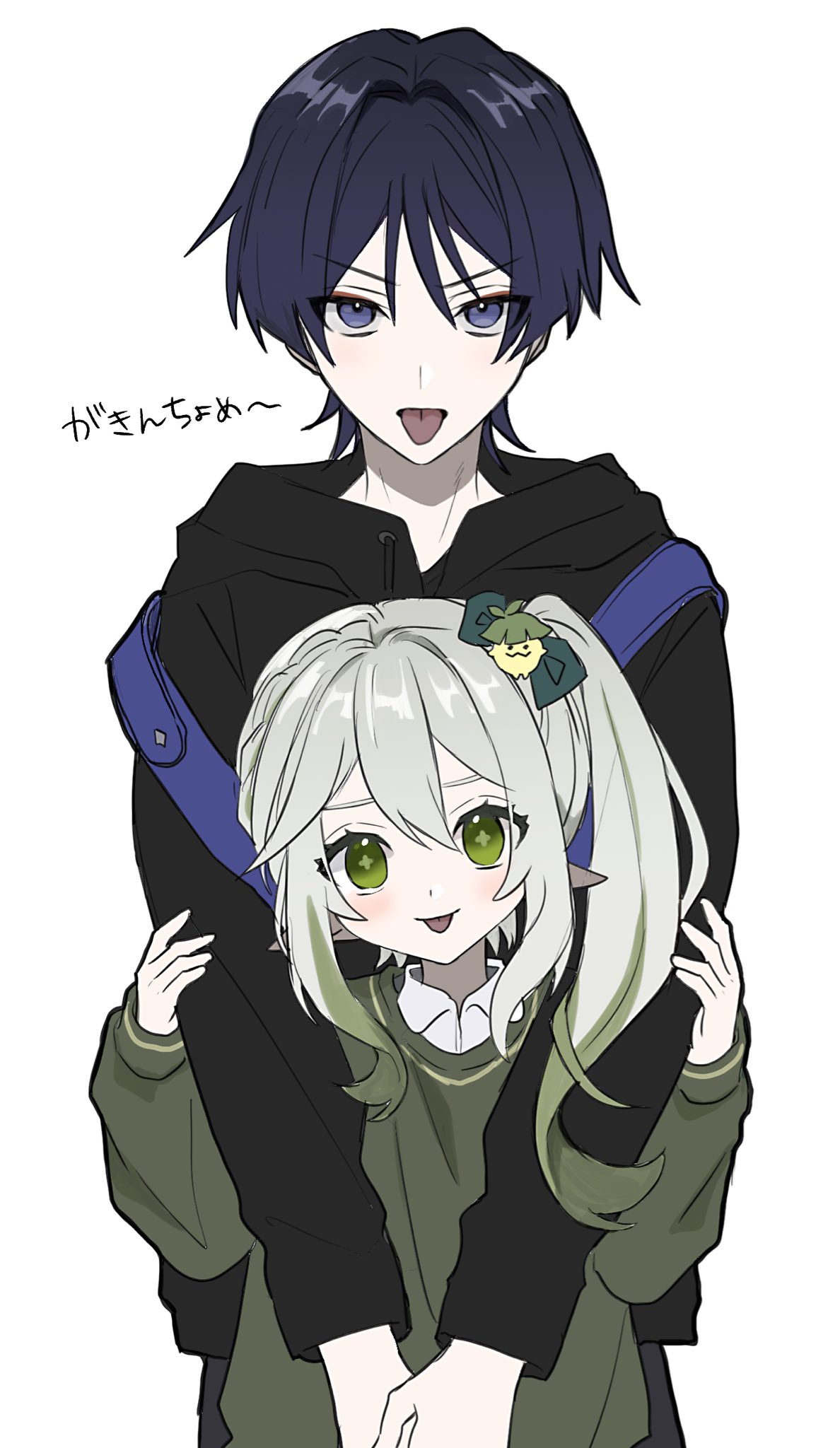 1boy 1girl :p alternate_costume backpack bag clover-shaped_pupils commentary_request contemporary genshin_impact green_eyes green_hair grey_hair hair_ornament highres holding_another's_arm hug hug_from_behind jacket long_hair looking_at_viewer multicolored_hair nahida_(genshin_impact) no6_gnsn pointy_ears purple_hair scaramouche_(genshin_impact) short_hair side_ponytail simple_background smile tongue tongue_out translation_request violet_eyes white_background