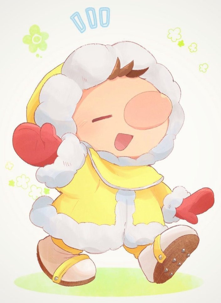 1boy alien alternate_costume arm_up big_nose brown_hair capelet closed_eyes coat commentary_request full_body fur-trimmed_coat fur_trim green_flower hood hood_up hooded_coat long_sleeves notice_lines olimar open_mouth pikmin_(series) red_mittens short_hair silver_trim smile snow_boots super_smash_bros. ukyo_(80123) very_short_hair walking waving white_background white_footwear winter_clothes winter_coat yellow_capelet yellow_coat