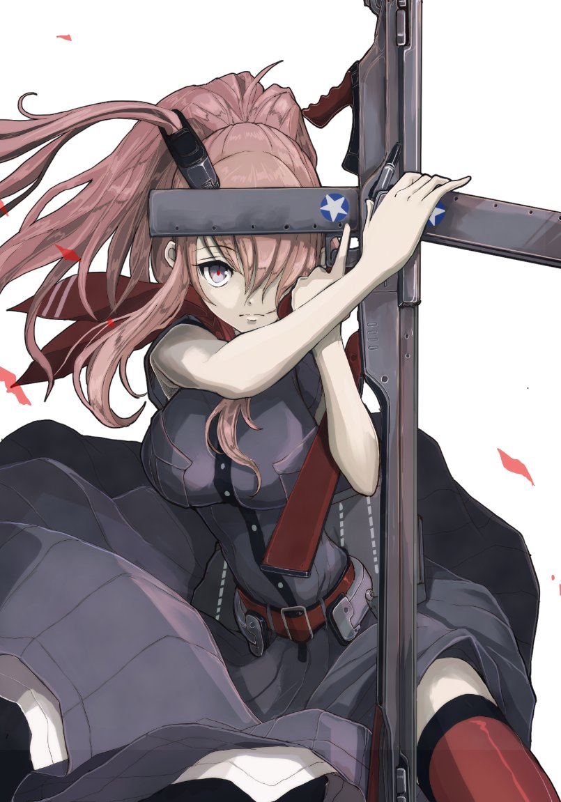 1girl belt black_dress boushi-ya breasts dress flight_deck grey_eyes high_side_ponytail holding holding_weapon kantai_collection light_brown_hair looking_at_viewer ponytail red_belt red_thighhighs saratoga_(kancolle) saratoga_mk_ii_(kancolle) smokestack_hair_ornament solo star_(symbol) thigh-highs weapon white_background