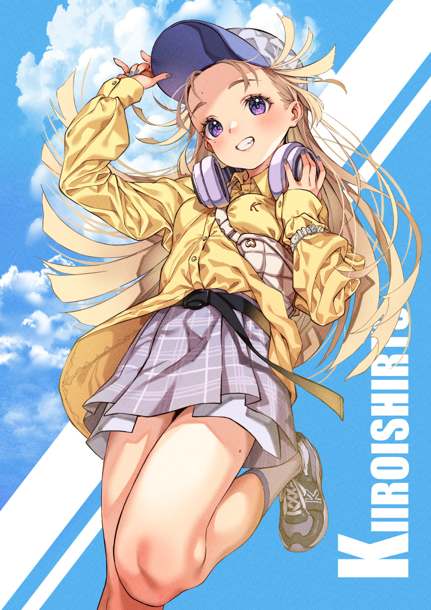1girl baseball_cap blonde_hair blue_sky blush bracelet breasts clouds collared_shirt hat headphones headphones_around_neck highres jewelry kink_(tortoiseshell) leg_up long_hair long_sleeves looking_at_viewer mole mole_on_thigh mole_under_eye original plaid plaid_skirt purple_skirt shirt shoes skirt sky small_breasts smile sneakers solo teeth thighs violet_eyes yellow_shirt