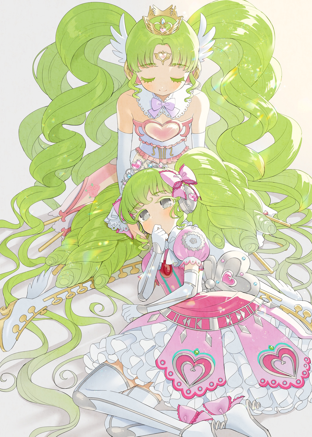 2girls absurdly_long_hair bare_shoulders boots bow collar colored_eyelashes commentary_request covering_mouth crown detached_collar dress drill_hair dual_persona elbow_gloves facing_viewer falulu forehead_jewel frilled_skirt frills gloves green_hair grey_eyes hair_bow hand_over_own_mouth headphones heart heart_print highres lap_pillow layered_skirt long_hair multiple_girls o4ritarou parted_bangs pink_bow pink_dress pretty_(series) pripara puffy_short_sleeves puffy_sleeves short_sleeves sidelocks sitting skirt strapless strapless_dress thigh_boots tiara time_paradox twin_drills twintails very_long_hair white_collar white_dress white_footwear white_gloves winding_key wing_hair_ornament