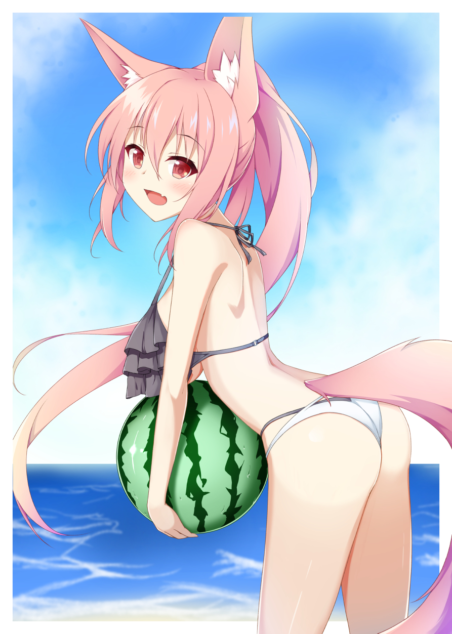 1girl animal_ears ass bikini blue_sky blush breasts clouds cloudy_sky fang food fox_ears fox_tail frilled_bikini frills fruit highres holding holding_food holding_fruit kazamatsuri_kazari large_breasts long_hair looking_at_viewer looking_to_the_side mizuki_(kogetsu-tei) ocean open_mouth original outdoors pink_hair red_eyes skin_fang sky solo swimsuit tail very_long_hair watermelon