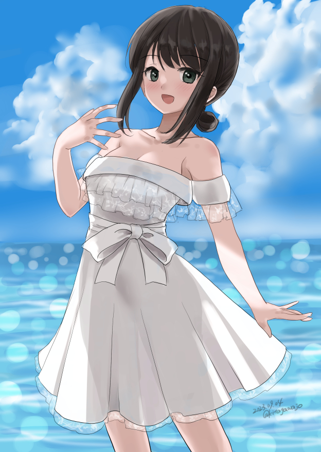 1girl black_eyes black_hair blue_sky breasts clouds day dress feet_out_of_frame frilled_dress frills fubuki_(kancolle) horizon kantai_collection kitagawa_mikio low_ponytail medium_hair ocean off-shoulder_dress off_shoulder official_alternate_costume outdoors ponytail see-through_silhouette short_ponytail sidelocks sky small_breasts smile solo