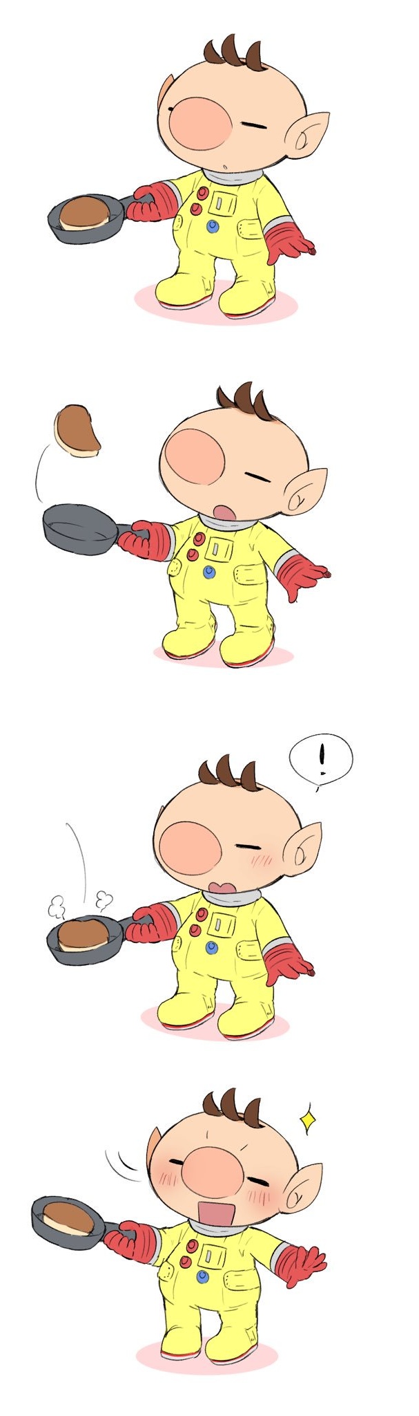 ! 1boy alien big_nose blush brown_hair buttons closed_eyes commentary_request food gloves highres holding_pan light_particles motion_lines no_headwear olimar open_mouth pancake pancake_flip patch pikmin_(series) pointy_ears red_gloves shadow short_hair smile spacesuit sparkle speech_bubble spoken_exclamation_mark super_smash_bros. turning_head ukyo_(80123) v-shaped_eyebrows very_short_hair wavy_mouth white_background