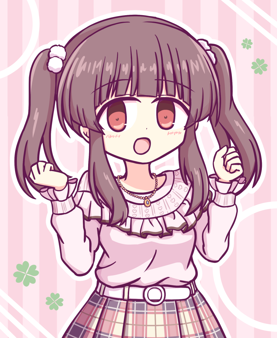 1girl belt blush brown_eyes brown_hair hair_ornament hands_up idolmaster idolmaster_cinderella_girls jewelry kashimu long_sleeves looking_at_viewer necklace ogata_chieri open_mouth pink_shirt shirt short_twintails sidelocks skirt solo striped striped_background twintails