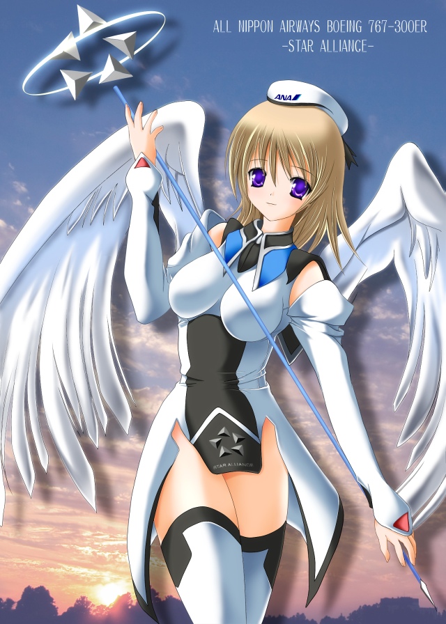 1girl 2000s_(style) all_nippon_airways archived_source ashita_yaru black_ribbon black_thighhighs boeing_767 breasts closed_mouth clothes_writing clouds commentary_request detached_sleeves dress drop_shadow feathered_wings hair_between_eyes hat hat_ribbon holding holding_staff light_brown_hair light_smile long_sleeves medium_breasts medium_hair original personification photo_background ribbon sky smile solo staff standing thigh-highs twilight two-tone_legwear two-tone_thighhighs violet_eyes white_headwear white_sleeves white_thighhighs white_wings wings zettai_ryouiki