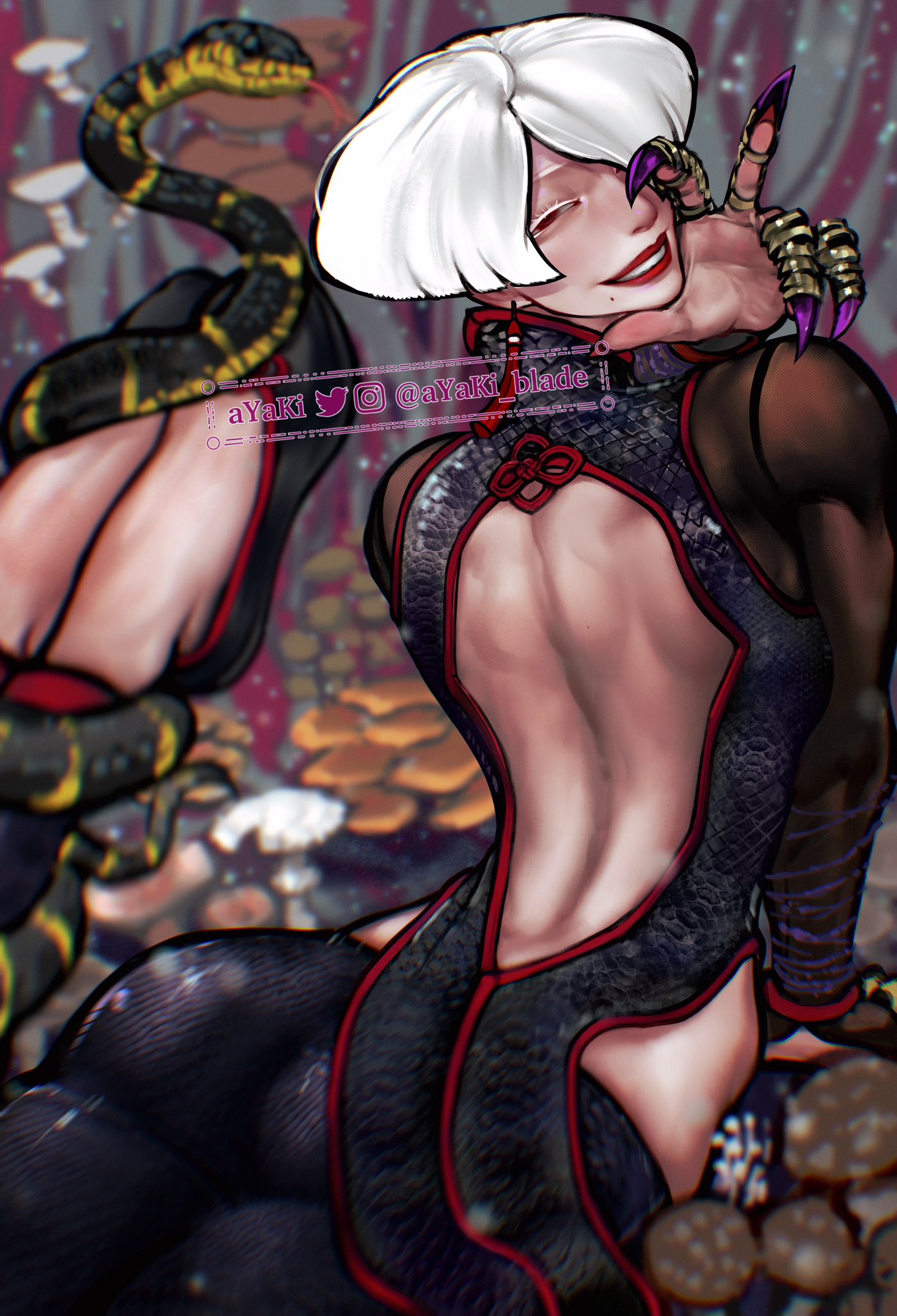 a.k.i._(street_fighter) ayaki_d chinese_clothes claws highres impossible_hair mole muscular muscular_female mushroom red_lips smile snake street_fighter