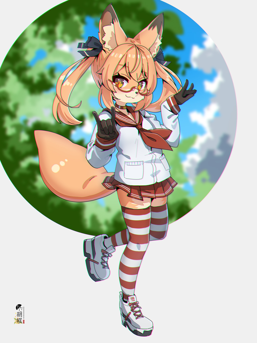 1girl :3 animal_ear_fluff animal_ears black_bow blurry blurry_background bow brown_eyes brown_gloves brown_hair choker closed_mouth commentary_request commission depth_of_field double_fox_shadow_puppet fox_ears fox_girl fox_shadow_puppet fox_tail furry furry_female glasses gloves hair_bow highres kuro_kosyou looking_at_viewer original pleated_skirt red-framed_eyewear red_choker red_sailor_collar red_skirt sailor_collar semi-rimless_eyewear shirt shoes skeb_commission skirt smile solo standing standing_on_one_leg striped striped_thighhighs tail thigh-highs twintails under-rim_eyewear white_footwear white_shirt